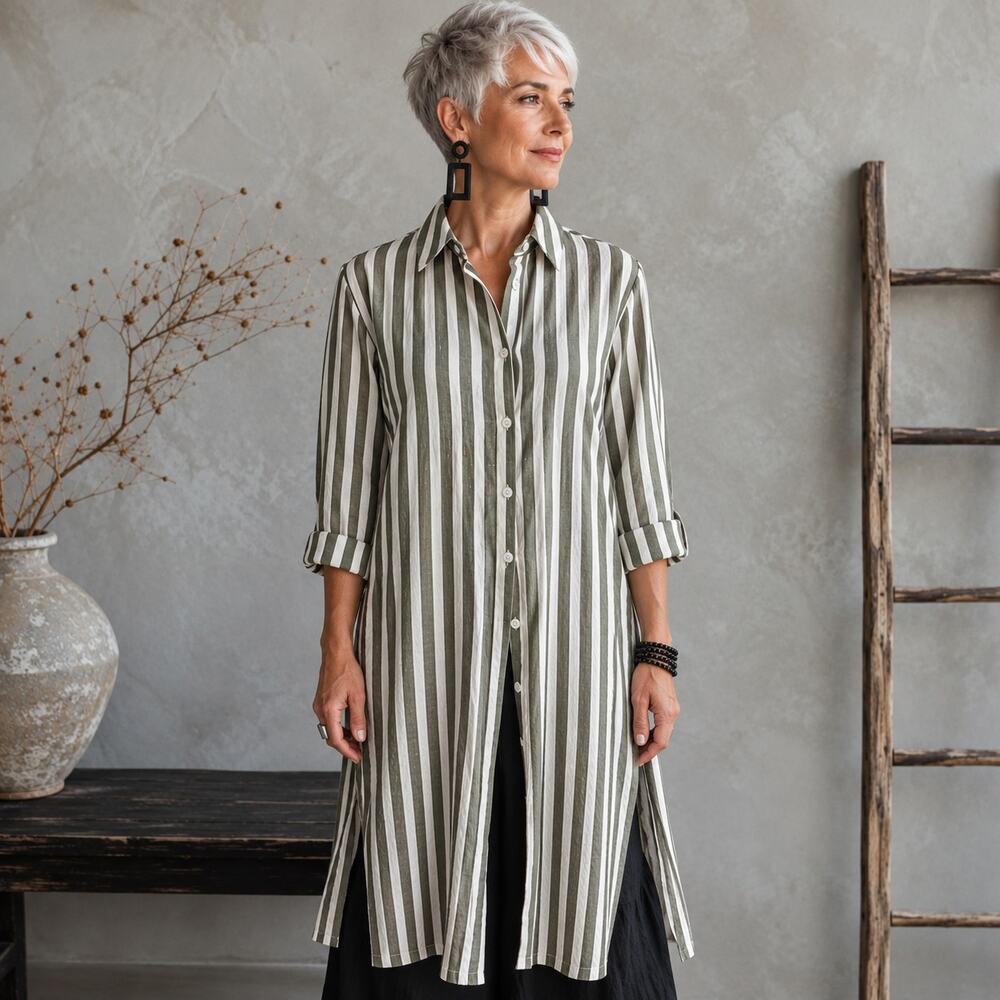 Chico's Green Gray Stripe Button Up Split Side Duster Top Dress 0